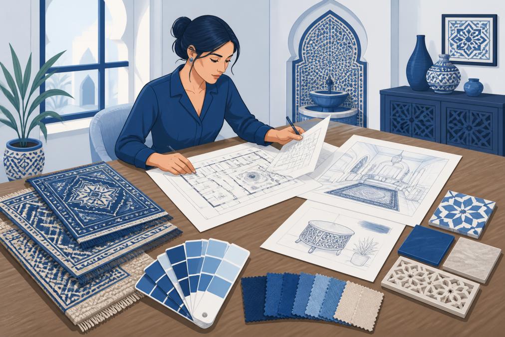 Interior designer reviewing architectural floor plans and fabric swatches at a wooden table, with Moroccan rug samples, color palettes, and design sketches spread across the surface in natural window lighting