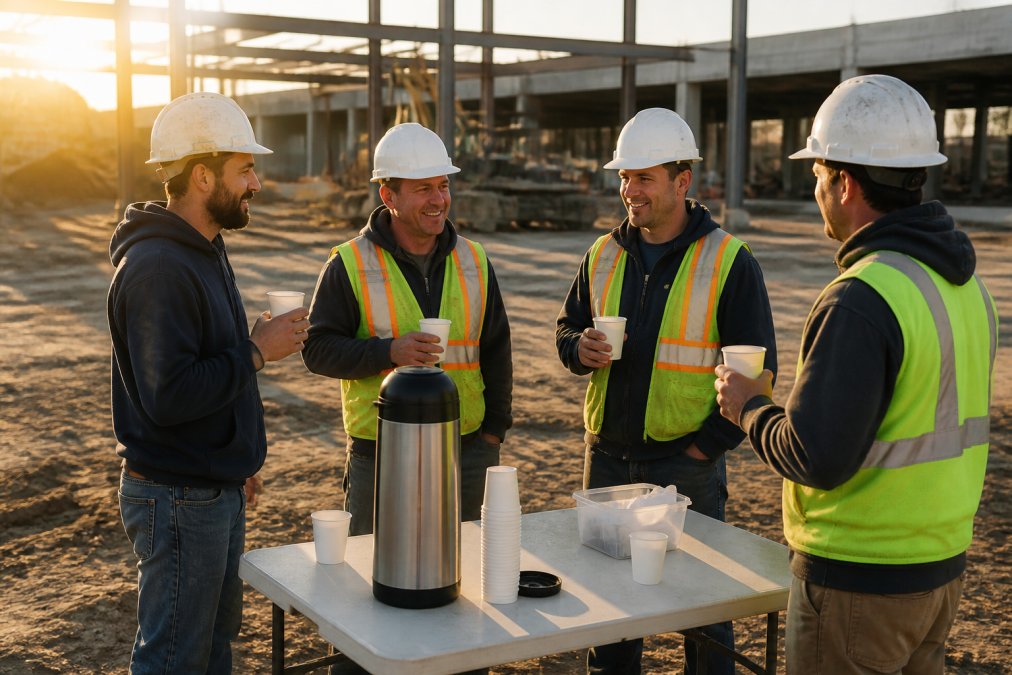 Construction crew of workers in hard hats taking a morning coffee break on a job site, holding white cups with a large stainless steel thermos visible on a folding table, golden sunlight streaming across the site