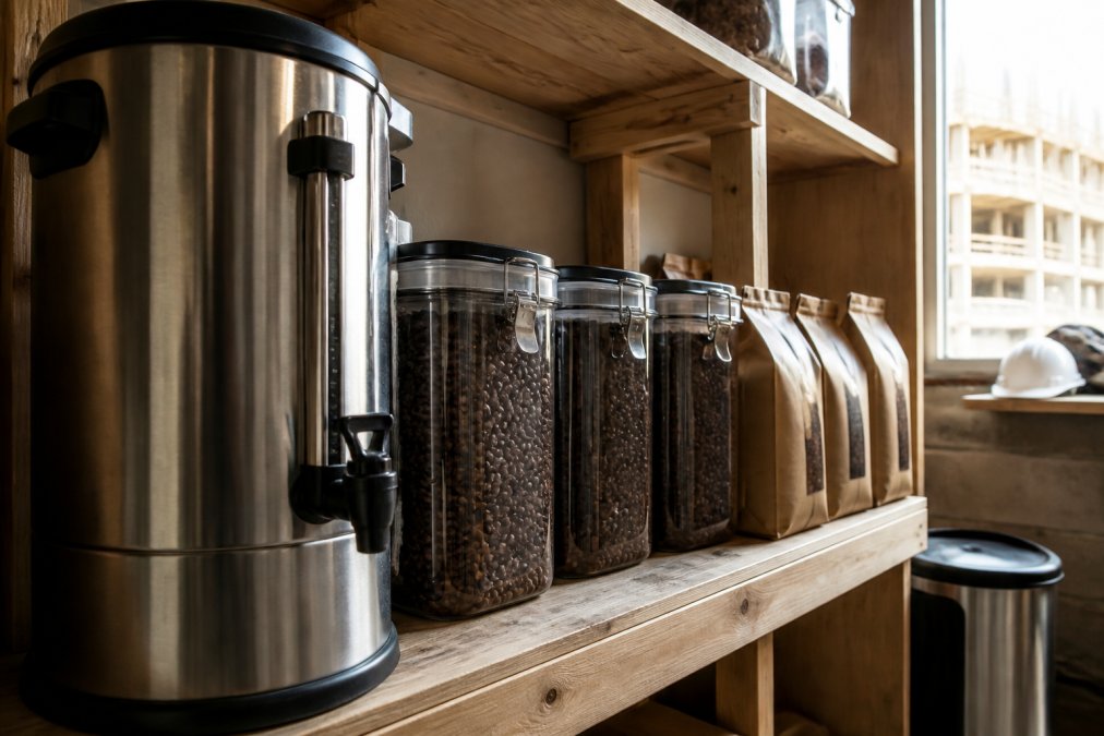 Close-up of a commercial stainless steel coffee urn with sealed storage containers and labeled bags of whole bean coffee arranged on a wooden shelf in a construction site break room with natural light from a window