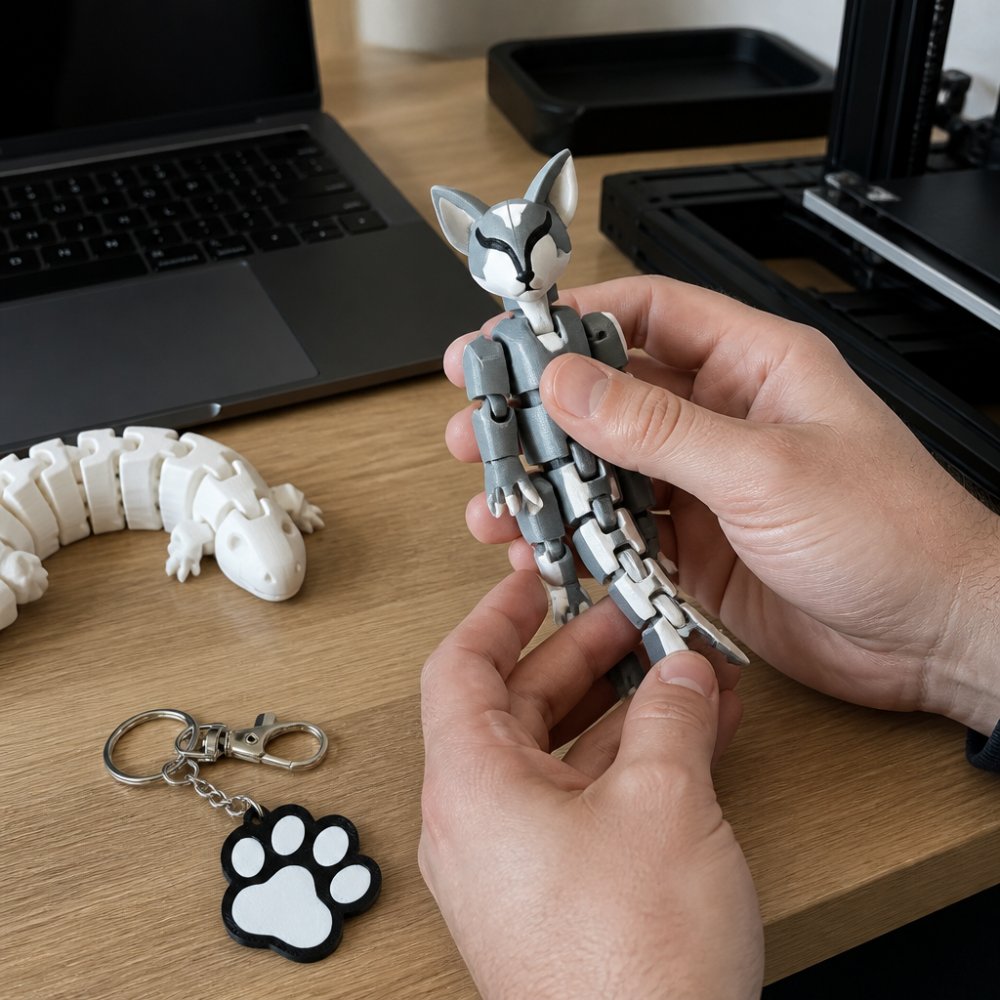 Hands holding a detailed 3D-printed articulated figure on a wooden desk with a laptop displaying CAD software in the background, natural office lighting