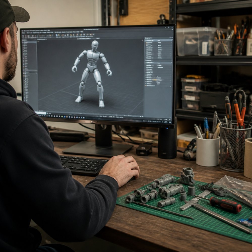 Designer's hands working with a computer mouse while examining detailed 3D CAD geometry of an articulated figure on a high-resolution monitor, with soft studio lighting illuminating the workspace