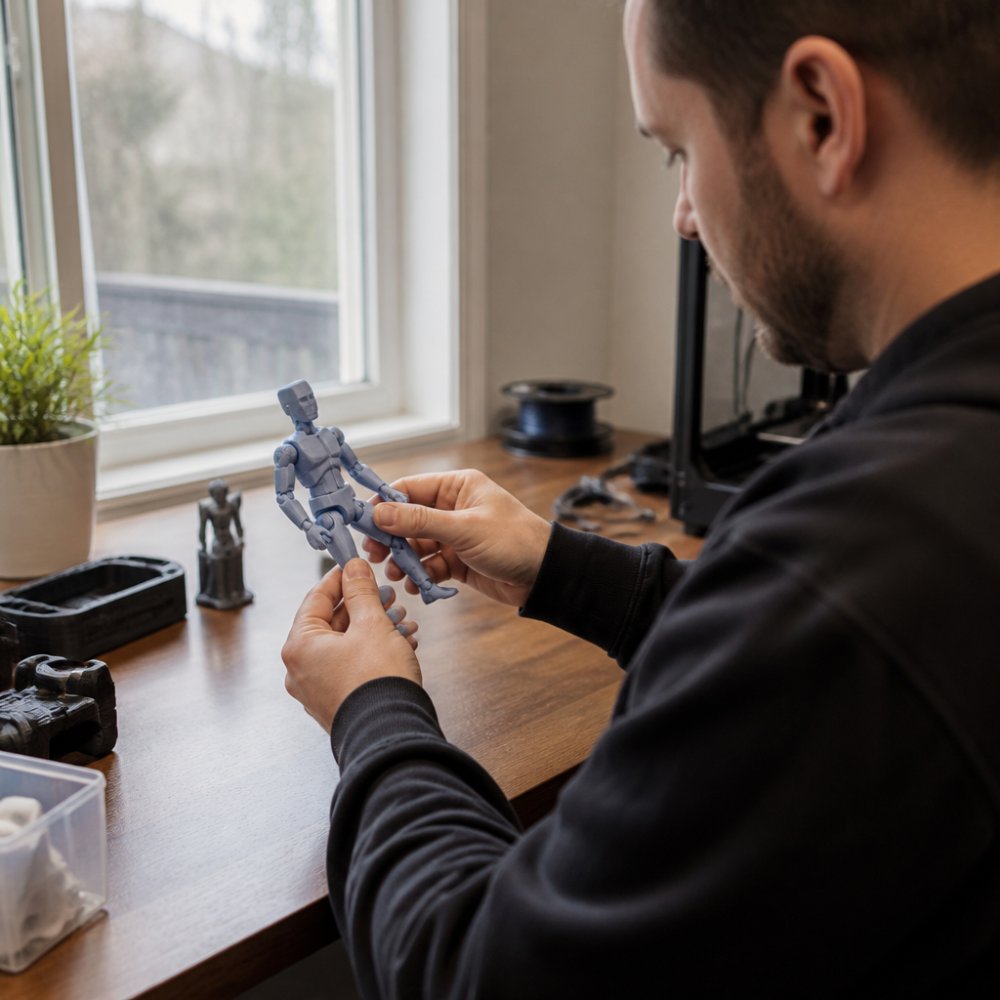 Person seated at a desk examining a finished articulated 3D-printed figure held in their hands, with their computer monitor displaying the same model in CAD software, natural window light illuminating the printed part's surface detail