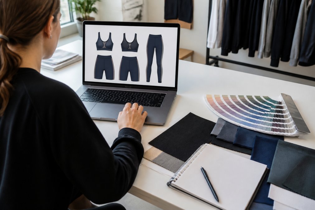 Person seated at a clean, well-lit desk reviewing a digital proof of custom sportswear on a laptop screen, with fabric swatches, a Pantone colour guide, and a notepad spread nearby in a bright, minimal workspace