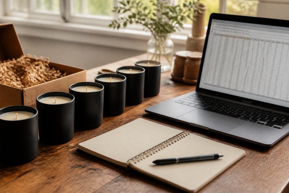 Planning process for custom candle gifts featuring candles, a spreadsheet, and a notebook on a sunlit desk