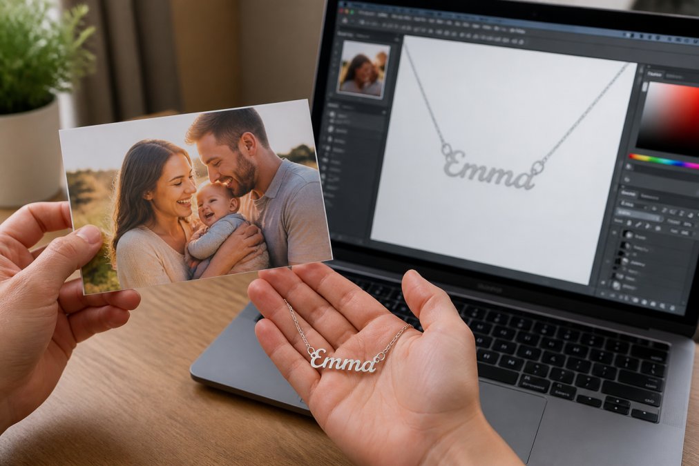 Close-up of hands holding a printed photograph next to a laptop displaying a design interface with customization tools open, showing file preparation for custom gifts