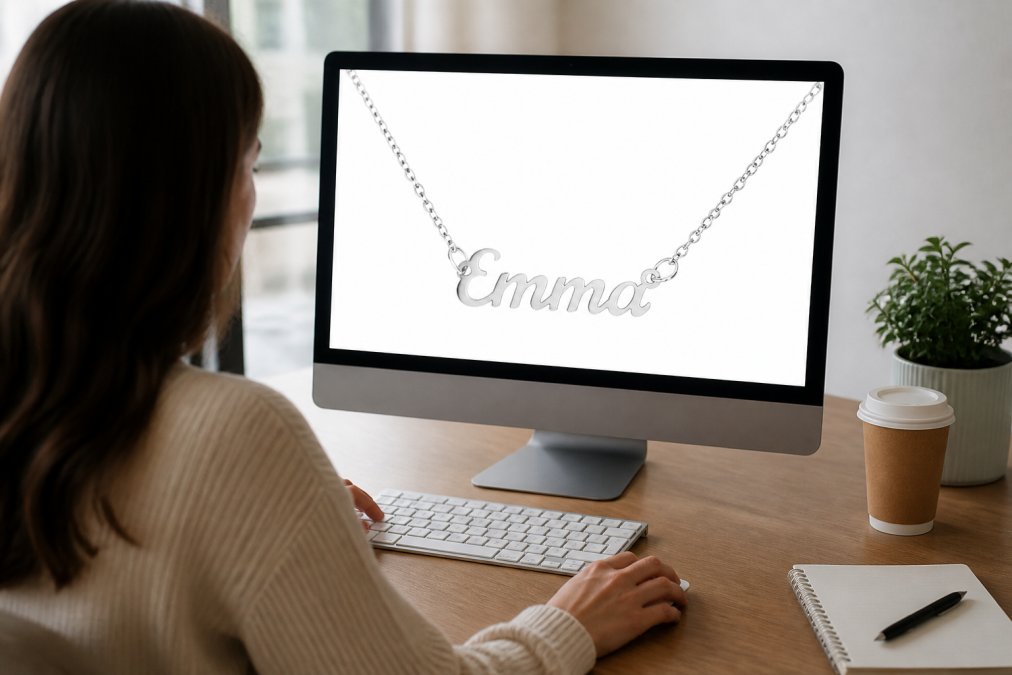 Person seated at a desk viewing a personalized gift design preview on a computer monitor with a customization tool open, showing real-time editing of a custom gift design