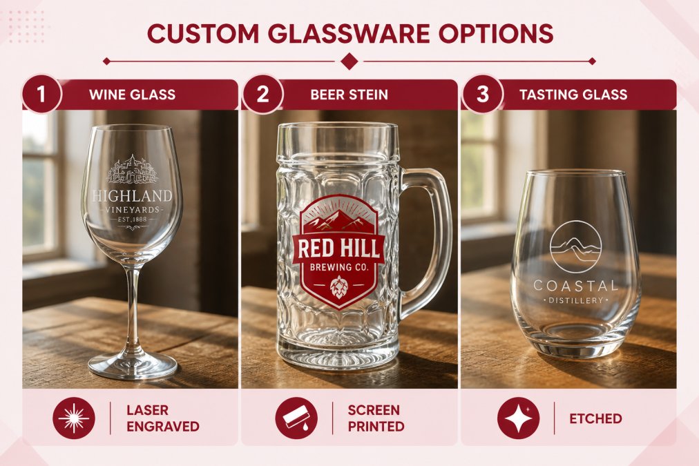 Close-up of three different custom glassware types displayed side by side on a timber table, a laser-engraved wine glass with fine serif lettering, a screen-printed beer stein with bold colour, and a tasting glass with minimalist etching, natural window lighting highlighting the surface details