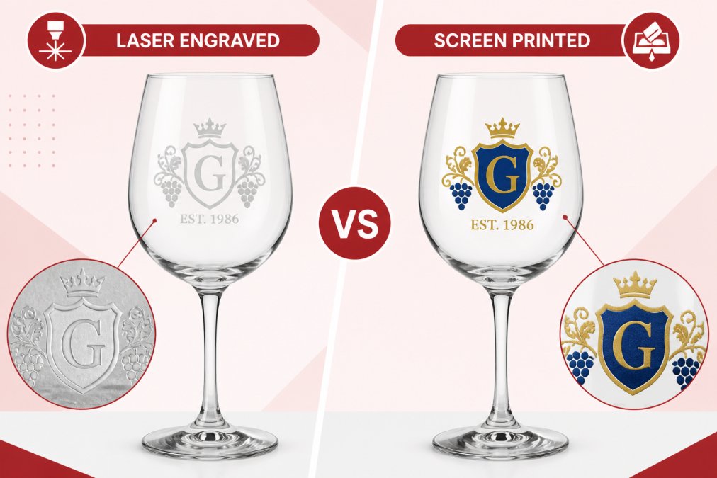 Two wine glasses placed side by side on a white surface with soft studio lighting, the left glass displays a laser-engraved logo showing fine detail and frosted appearance, the right glass shows a screen-printed logo in vibrant blue and gold colours