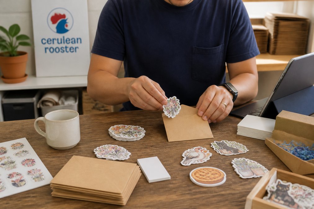 Hands carefully arranging and packing handmade stickers in a small studio workspace, showing the personal care and attention to detail that goes into each order