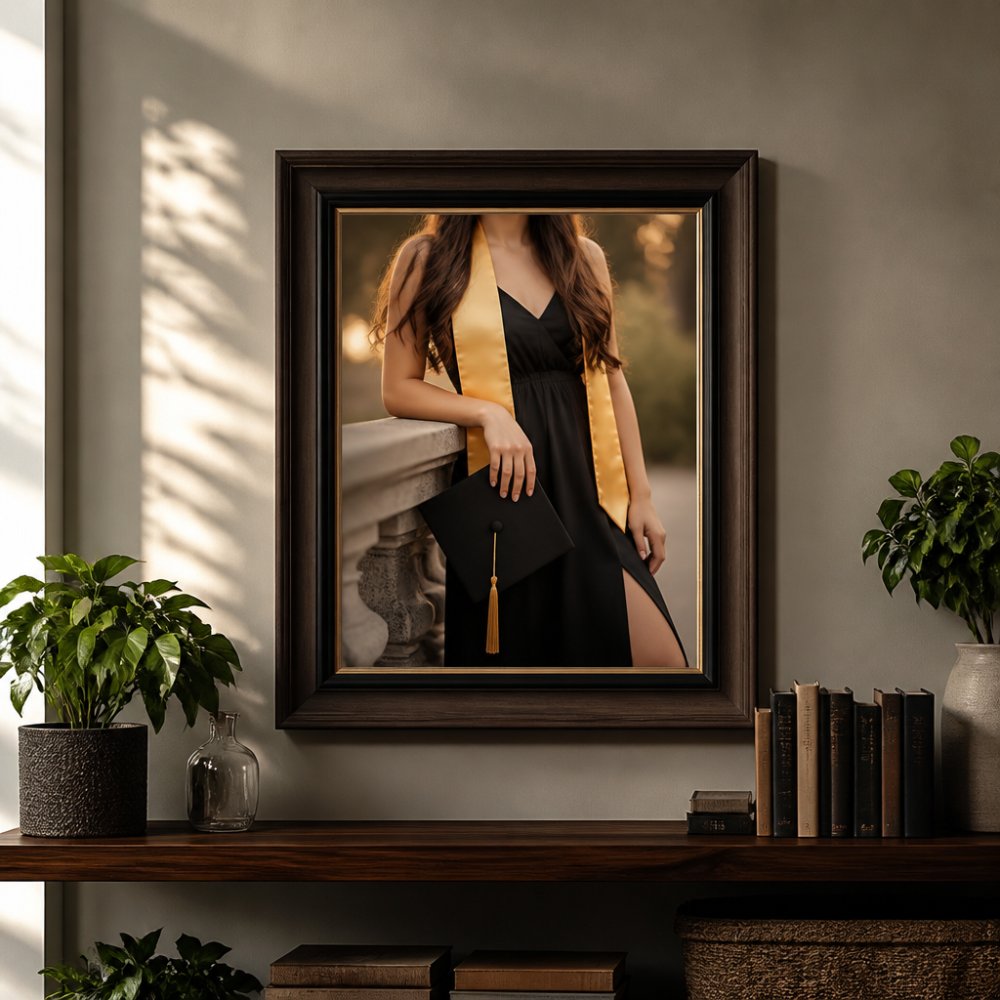 Framed senior portrait displayed on a living room wall above a shelf, showing warm natural lighting and how the heirloom print complements home decor with books and plants nearby