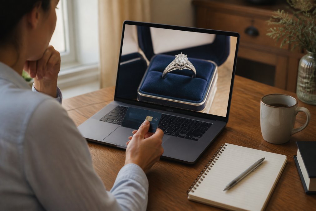 Person reviewing a secure online checkout page on a laptop screen, with a credit card and notepad nearby, illustrating safe payment entry for high-value purchases