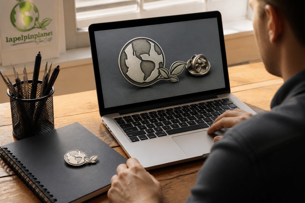 Hands reviewing a custom lapel pins design proof on a laptop with a physical sample pin on a wooden desk