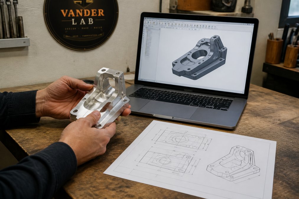 Professional hands holding a precision aluminum part next to a CAD design printout on a wooden workbench, with a laptop showing 3D modeling software in the background