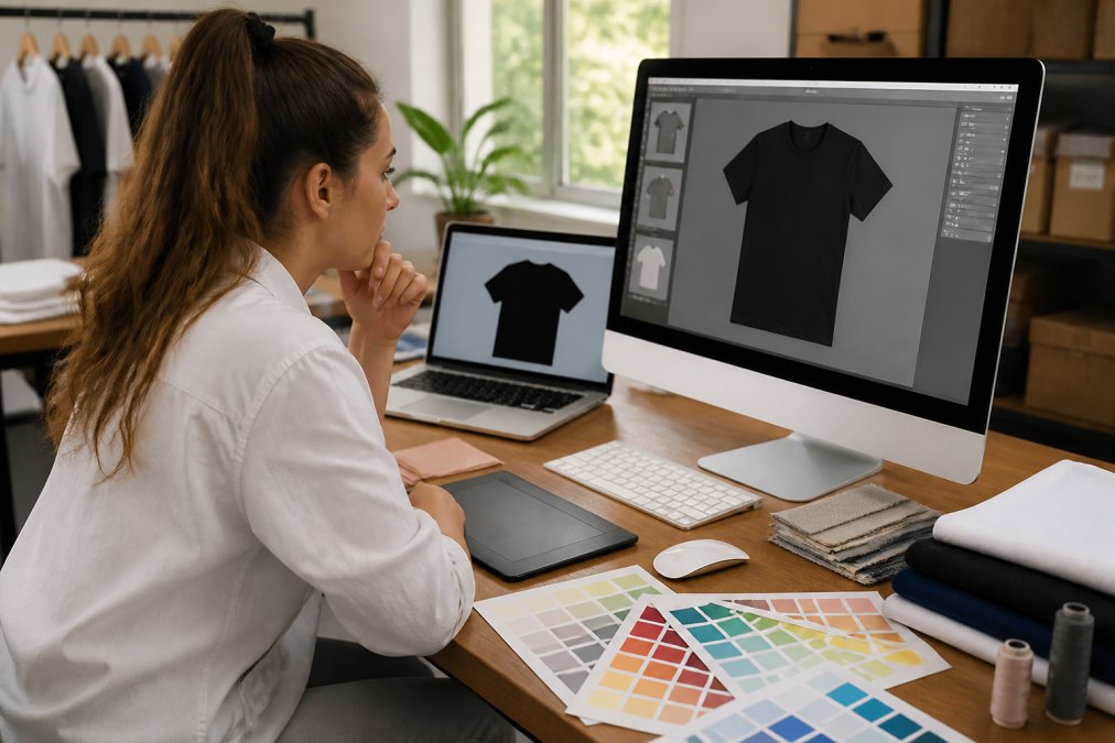 Designer working at a computer workstation with design software open, color palette and fabric swatches visible on desk, natural window lighting