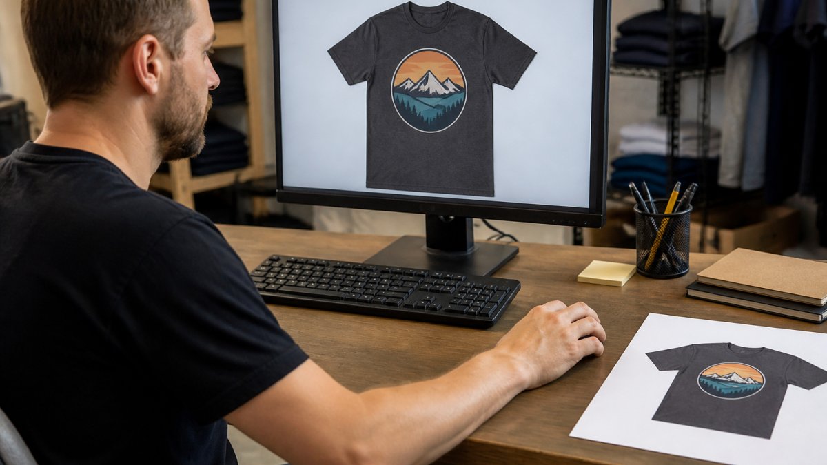 Person at a desk reviewing a custom shirt design on a computer monitor, with a printed proof sample of the shirt visible on the desk beside them