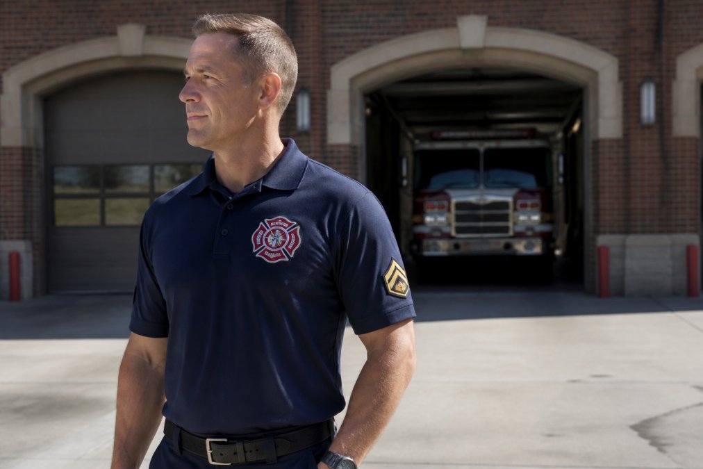 A firefighter wearing a custom embroidered station shirt with department logo prominently displayed on the chest and rank insignia on the sleeve, standing in natural daylight with firehouse in background