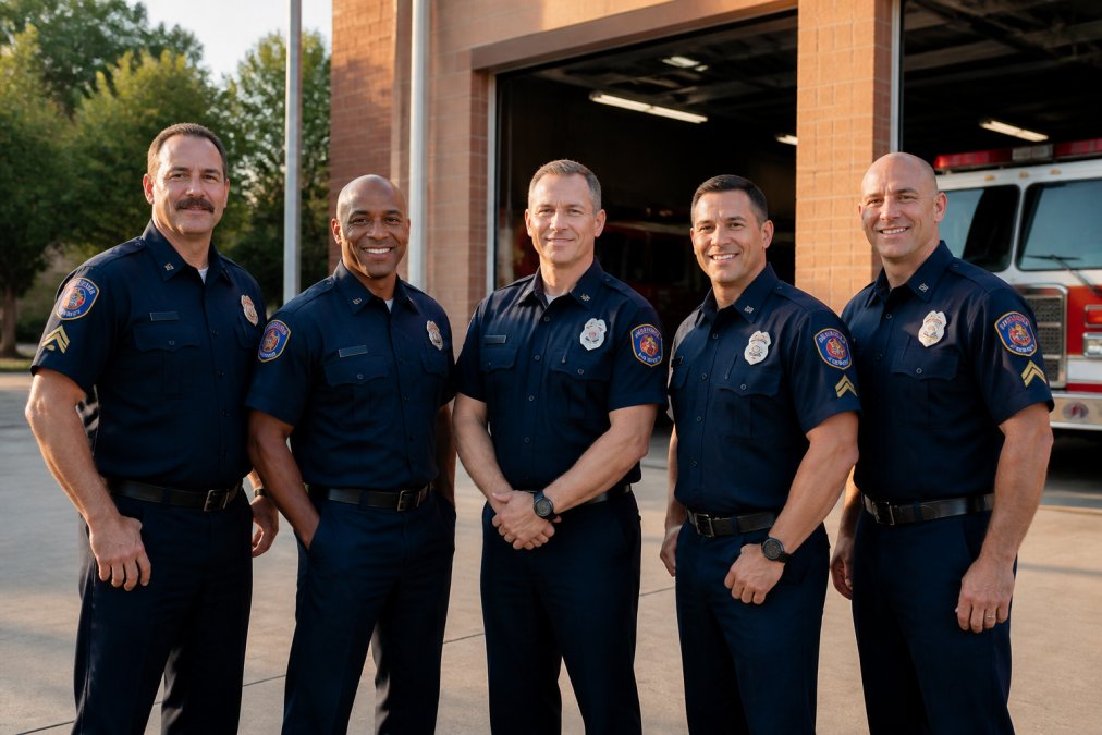 A crew of firefighters standing together wearing matching custom embroidered station shirts with visible rank insignia on sleeves and names embroidered on chests, photographed outdoors in natural sunlight