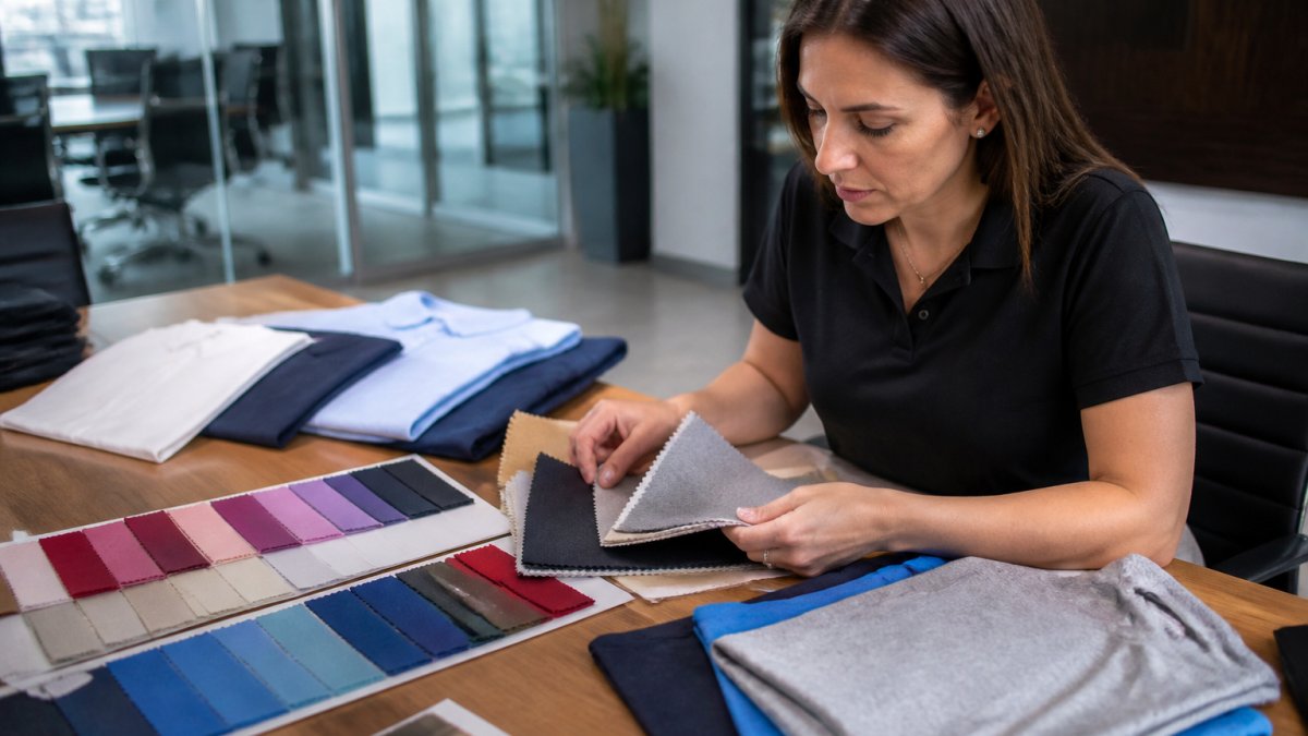 Professional team member reviewing custom t-shirt fabric swatches and garment samples on a conference table with color options displayed, natural office lighting