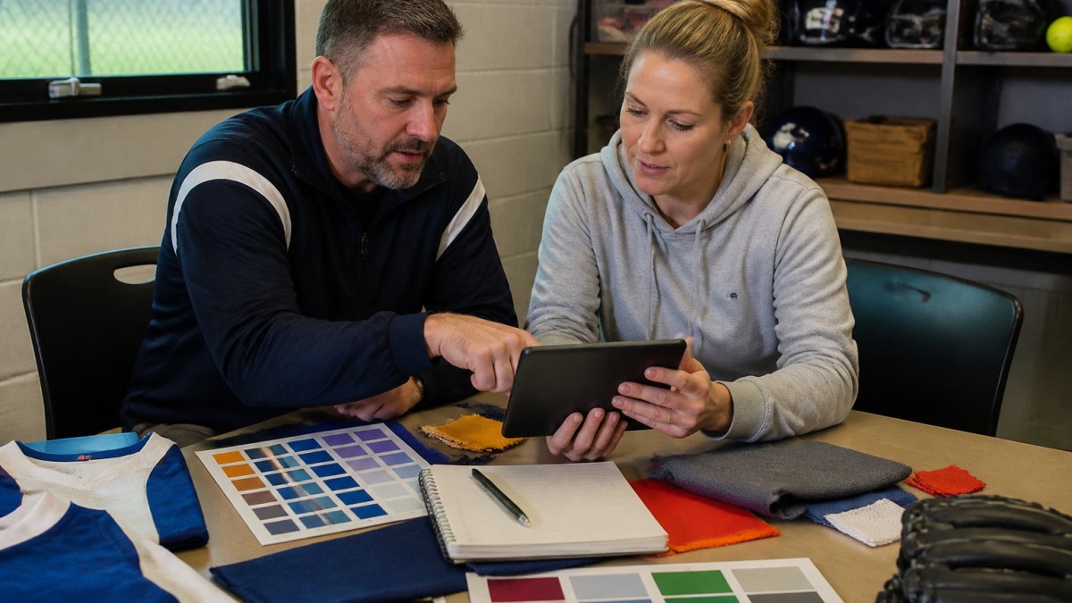 A coach and a parent volunteer reviewing jersey color swatches and a logo mockup on a tablet at a table, with fabric samples and a notepad spread out in front of them