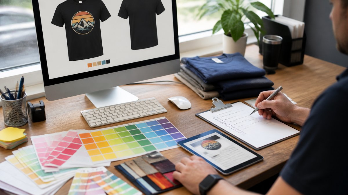 Designer's desk with printed color swatches spread out, design mockup displayed on computer monitor, color-matched samples next to a printed checklist, tablet showing artwork file specifications