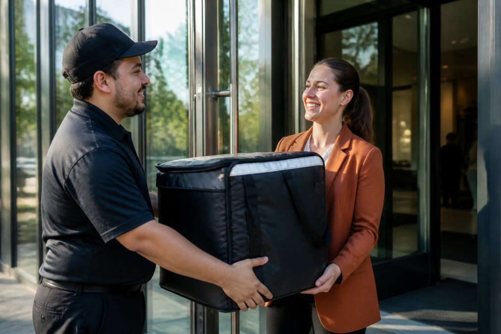 A delivery driver handing a large insulated catering bag of breakfast burritos to an event organizer at a glass office building entrance, morning sunlight, both people smiling