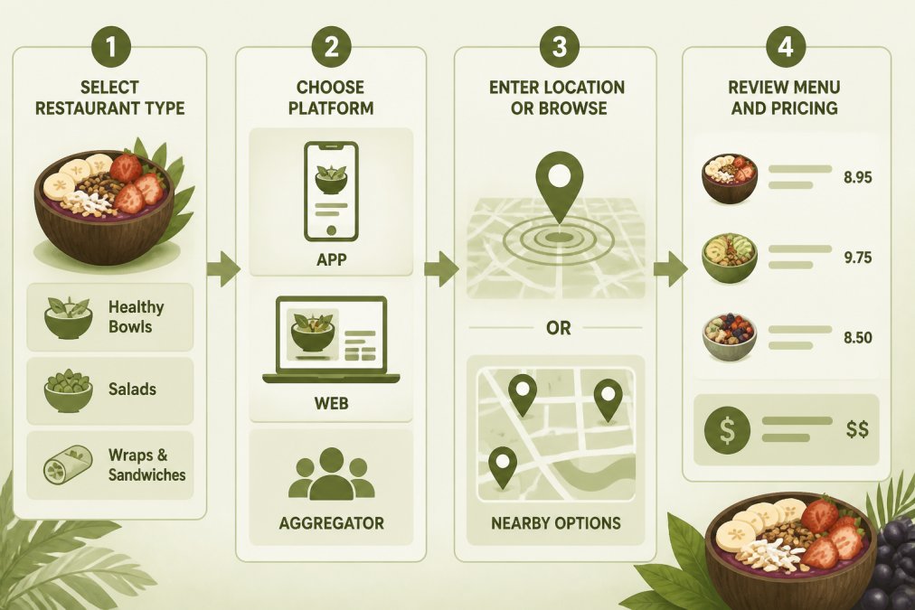 Flowchart showing decision path: Select restaurant type → Choose platform (app vs. web vs. aggregator) → Enter location or browse nearby options → Review menu and pricing