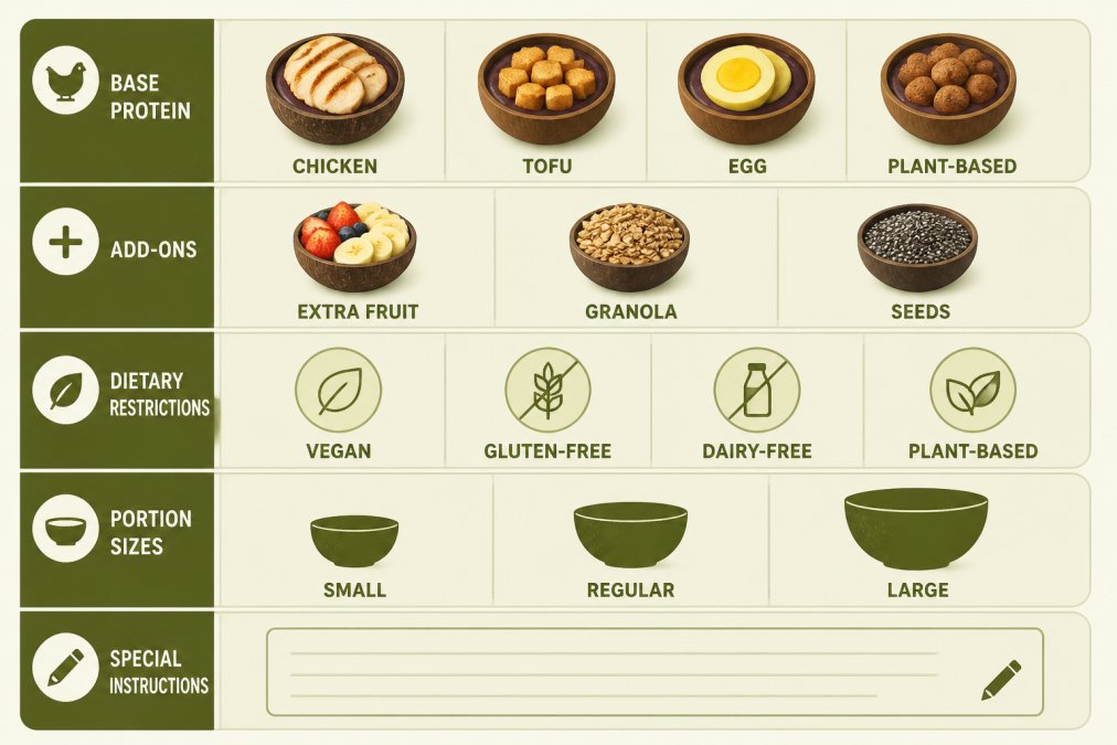 Customization options matrix showing common modifications: Base protein options (chicken, tofu, egg, plant-based), Add-ons (extra fruit, granola, seeds), Dietary restrictions (vegan, gluten-free, dairy-free), Portion sizes (small, regular, large), Special instructions field