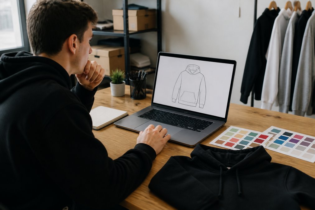Person reviewing a custom hoodie design on a laptop to learn how to order one custom hoodie online at their desk.