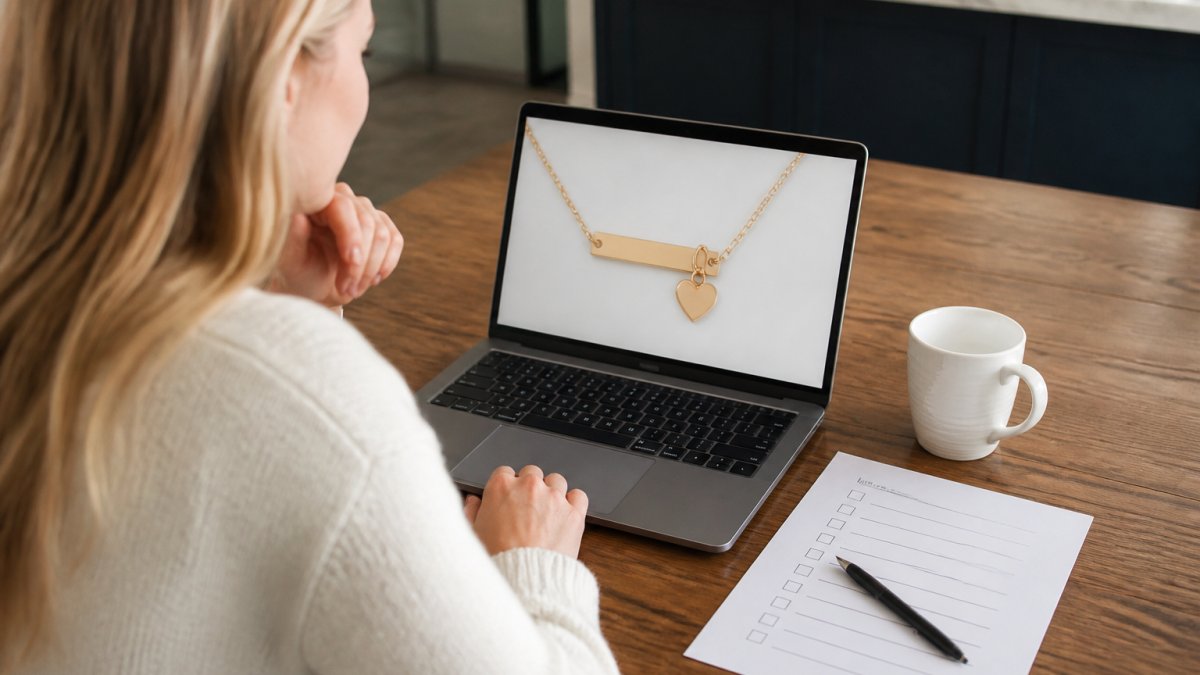 A person at a kitchen table reviewing a custom necklace proof on a laptop, with a printed checklist and pen beside the keyboard