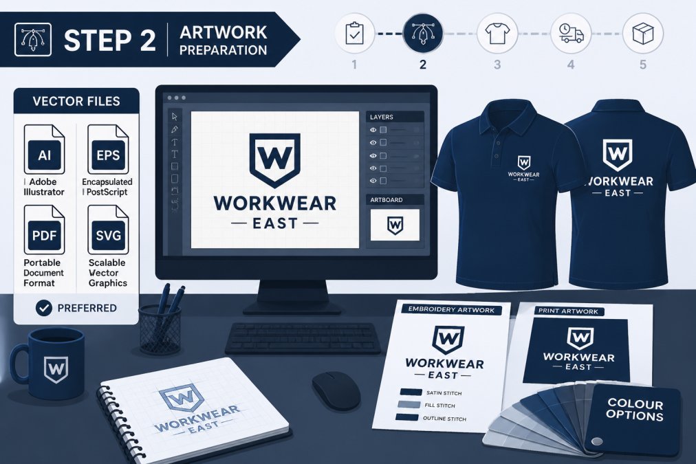 Designer's desk showing vector logo files on computer screen with branded polo shirt designs and colour swatches laid out for embroidery artwork review
