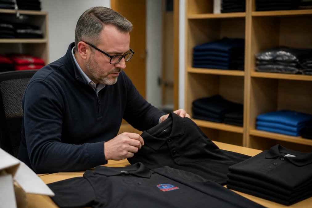 Business professional at desk reviewing embroidered polo shirts with company logo, checking quality, fit, and size accuracy before final delivery