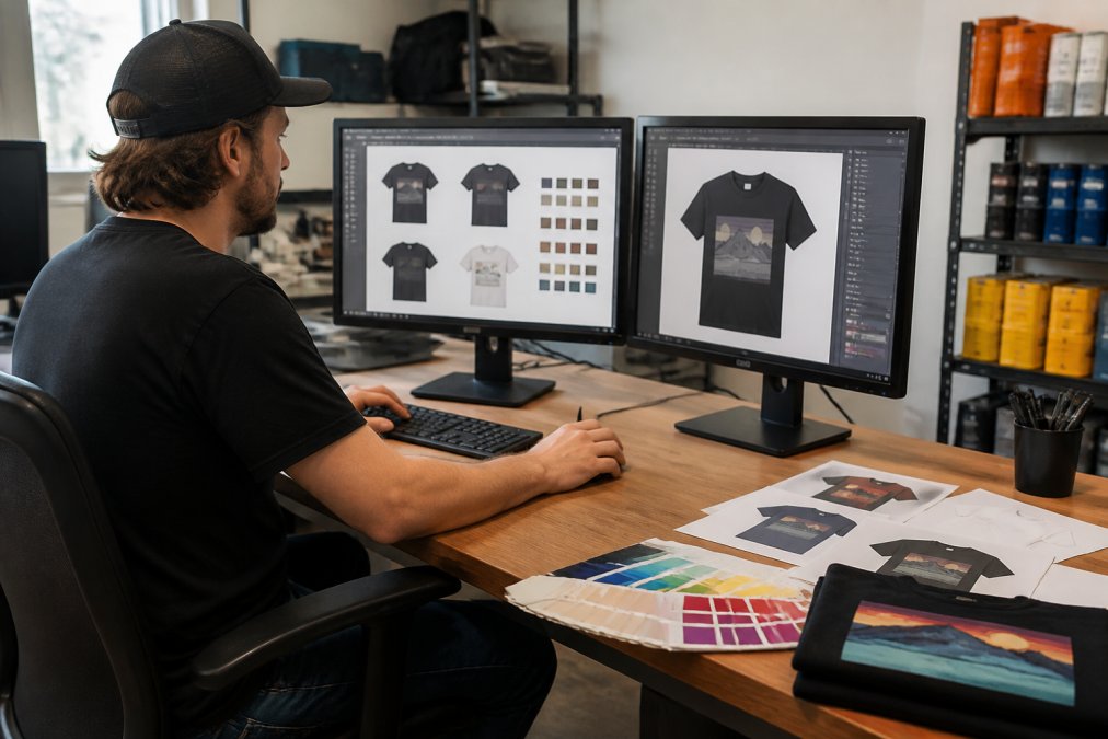 Designer working at desk with dual monitors displaying design software, color swatches, and printed mockups of custom apparel designs nearby