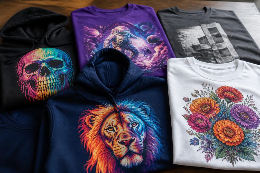 Close-up of finished custom t-shirts and hoodies displayed flat, showing vibrant printed designs in multiple colors with sharp detail and professional finish