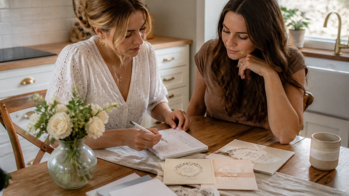 A bride and a friend sitting at a kitchen table with a laptop, a handwritten guest list, and a small stack of wedding invitation samples, comparing numbers on a notepad