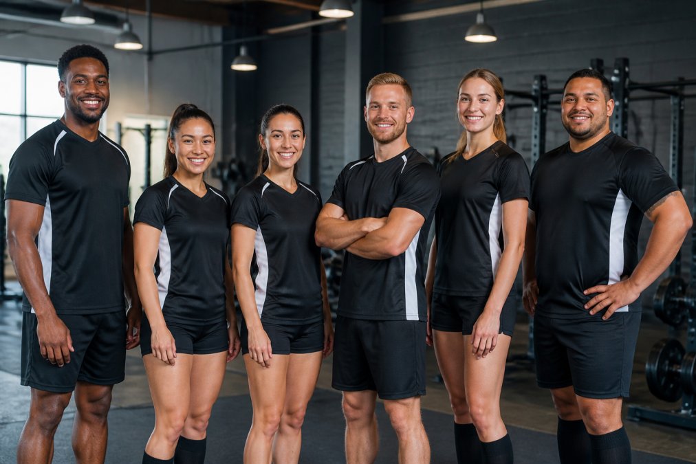 A diverse group of athletes wearing properly fitted custom team uniforms in a modern gym setting, displaying different body types and sizes with proper sleeve length and torso fit, natural studio lighting