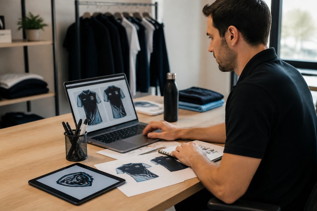 A team manager sitting at a laptop reviewing custom team kit designs with a tablet showing logo artwork on the desk nearby, in a modern office with natural window lighting