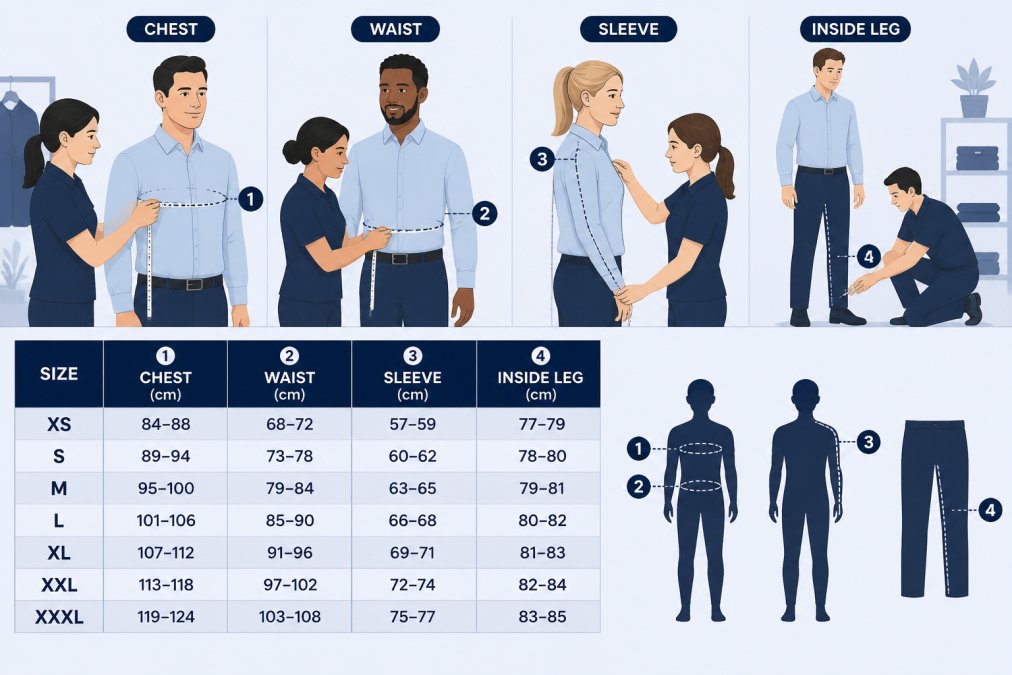 Team members being measured for uniform sizing in a workplace setting, showing tape measure against torso and arm length measurements, diverse group of staff in business casual attire