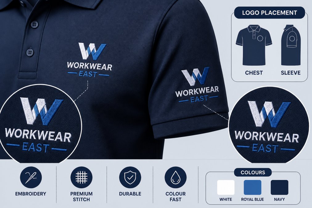 Close-up of embroidered logo on polo shirt sleeve and chest area, showing intricate detail and vibrant colour of professional workwear branding with crisp edges
