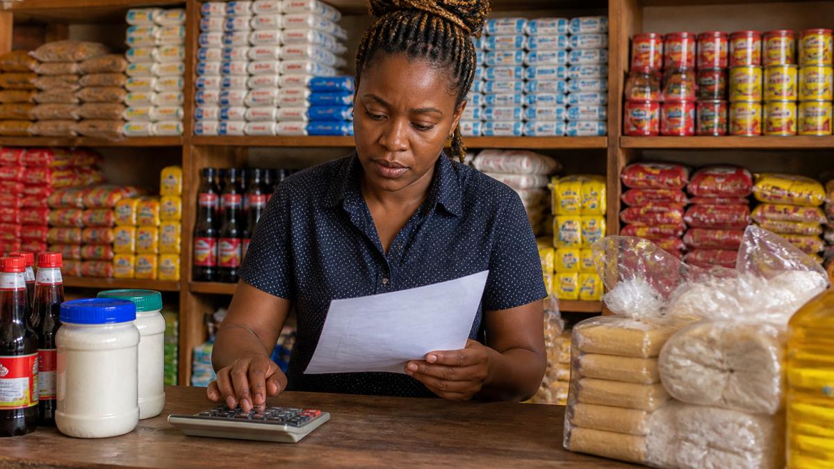 A shop owner in a small retail store reviewing a printed supplier quote and calculator on the counter, with shelves of packaged goods behind them
