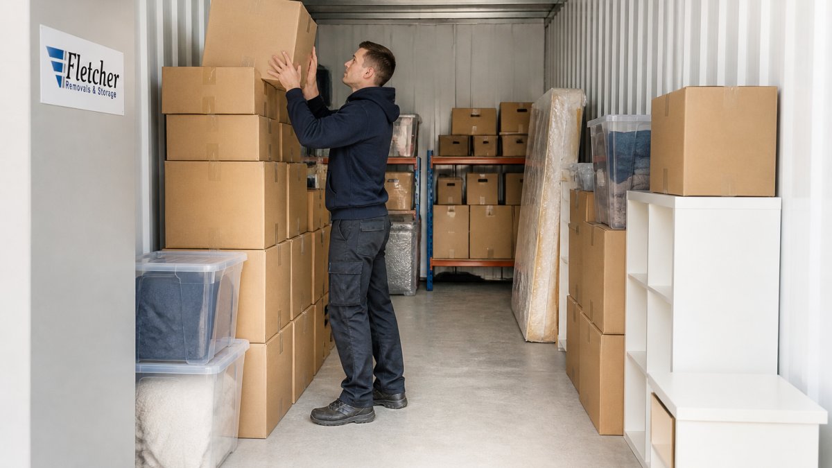 A person in casual work clothes carefully stacking labelled cardboard boxes in a clean, well-lit storage unit, with heavier boxes at the bottom and a clear walkway down the middle