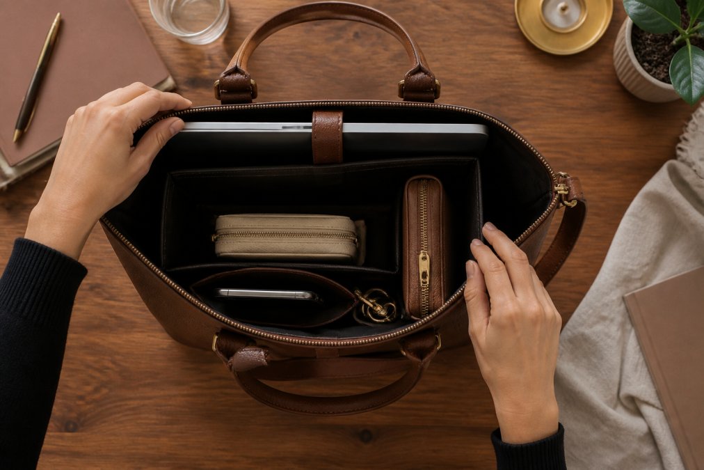 Structured leather tote on a wooden desk showing how to organize a work handbag with a laptop, zipped pouch, phone and keys.