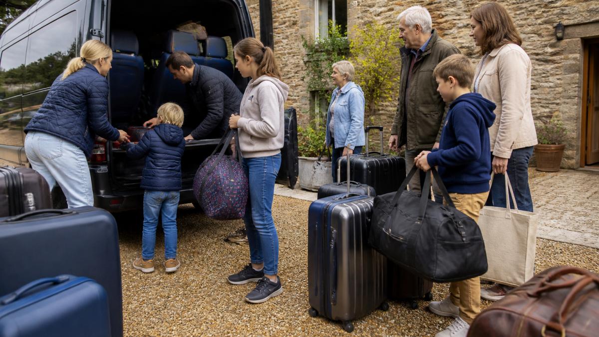A large group of mixed ages loading suitcases and travel bags into a minibus outside a holiday property, with families working together to organise luggage and children helping place bags in the storage compartment