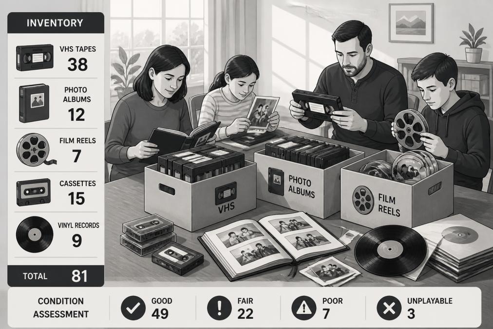 Family members sorting through boxes of old VHS tapes, photo albums, and film reels spread across a dining table, examining the condition of the media with natural afternoon light streaming through windows