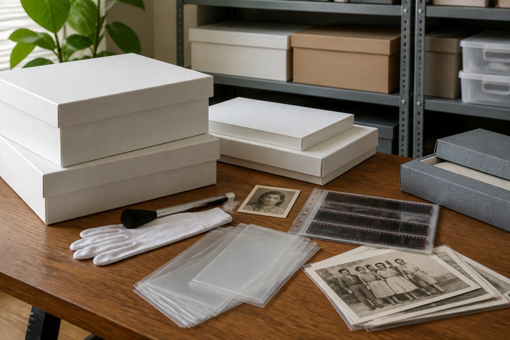 Close-up of acid-free photo storage boxes, archival-quality negative sleeves, and preservation materials neatly organised on a shelf with soft natural lighting