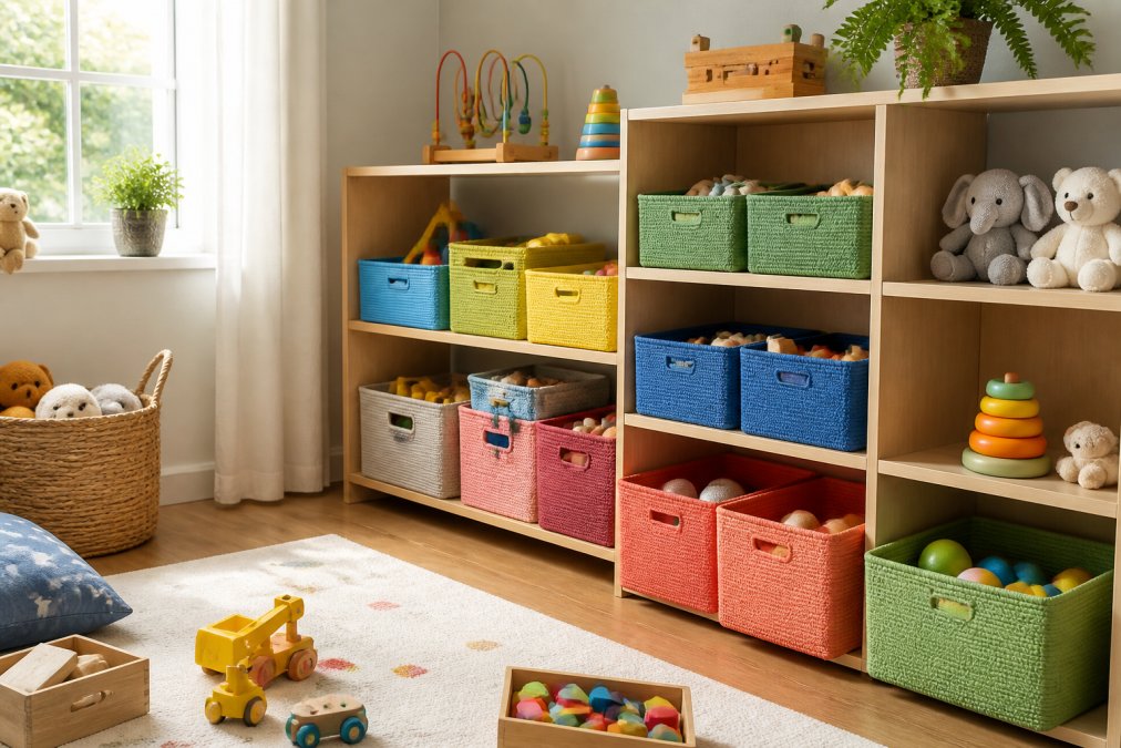 A bright, tidy playroom with colourful labelled storage bins and baskets arranged on low wooden shelving units, toys sorted by category with soft natural light coming through a window