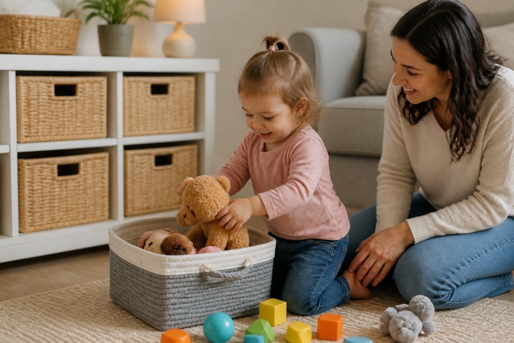 A smiling toddler placing a soft toy into a labelled storage box on the floor, with a parent kneeling nearby offering encouragement in a warm, cosy living room with soft lighting