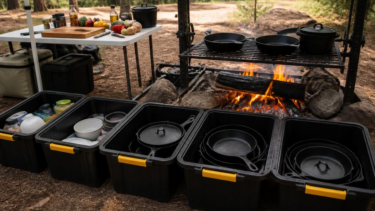 Organized campsite with separate prep table holding cutting board and ingredients, cooking fire area with cast iron cookware arranged on grill grate, and labeled storage bins arranged in neat rows, showing cast iron skillets and Dutch oven