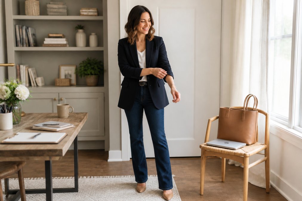 Woman in a structured blazer and dark jeans styling a professional outfit for a versatile capsule wardrobe.