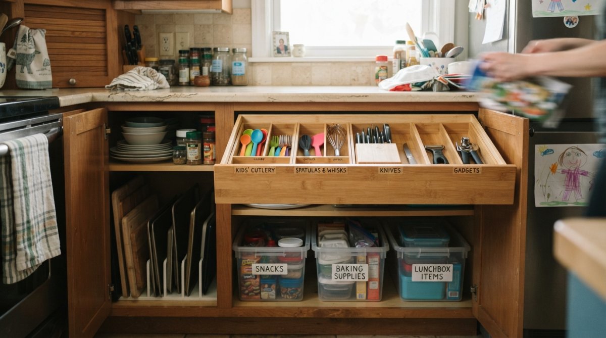 Well-organized kitchen cabinet with white drawer dividers, labeled clear storage containers for dry goods, and vertical shelving showing practical family kitchen storage solutions
