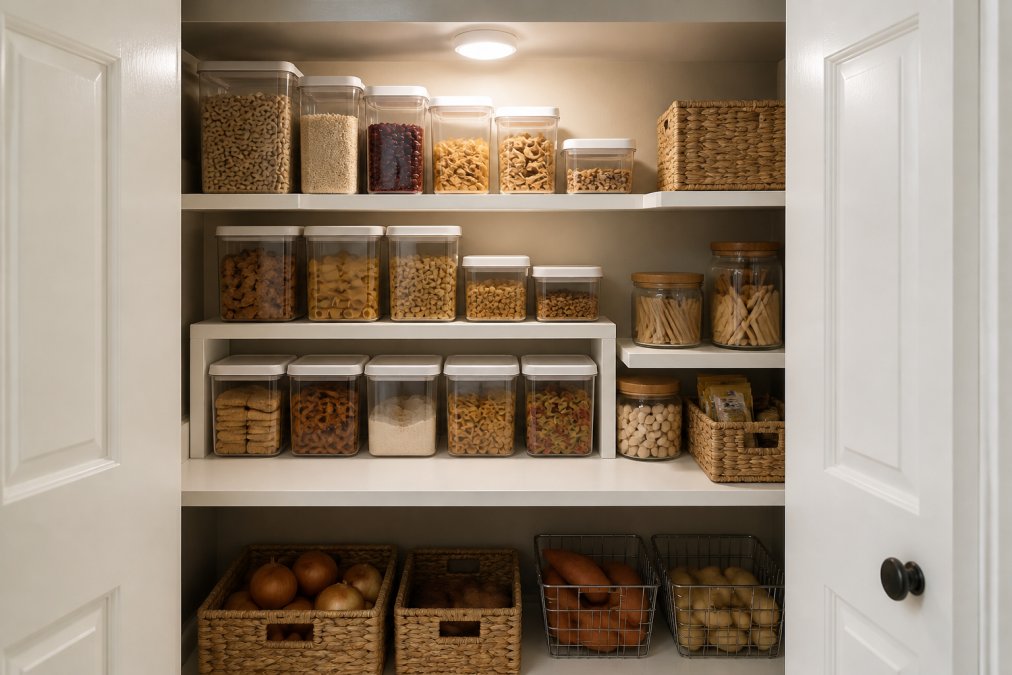Well-organized small pantry with clear plastic containers stacked on shelves using shelf risers, creating multiple storage levels, with motion-sensor cabinet light illuminating the organized items